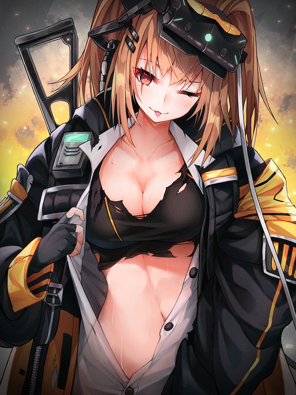 cleavage girls_frontline open_shirt pot-palm torn_clothes ump9_(girls_frontline) undressing wet