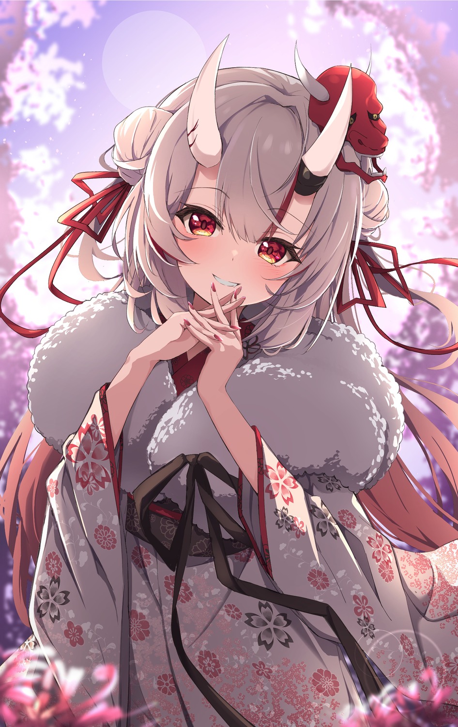 fumi_(fumibeing) hololive horns nakiri_ayame yukata