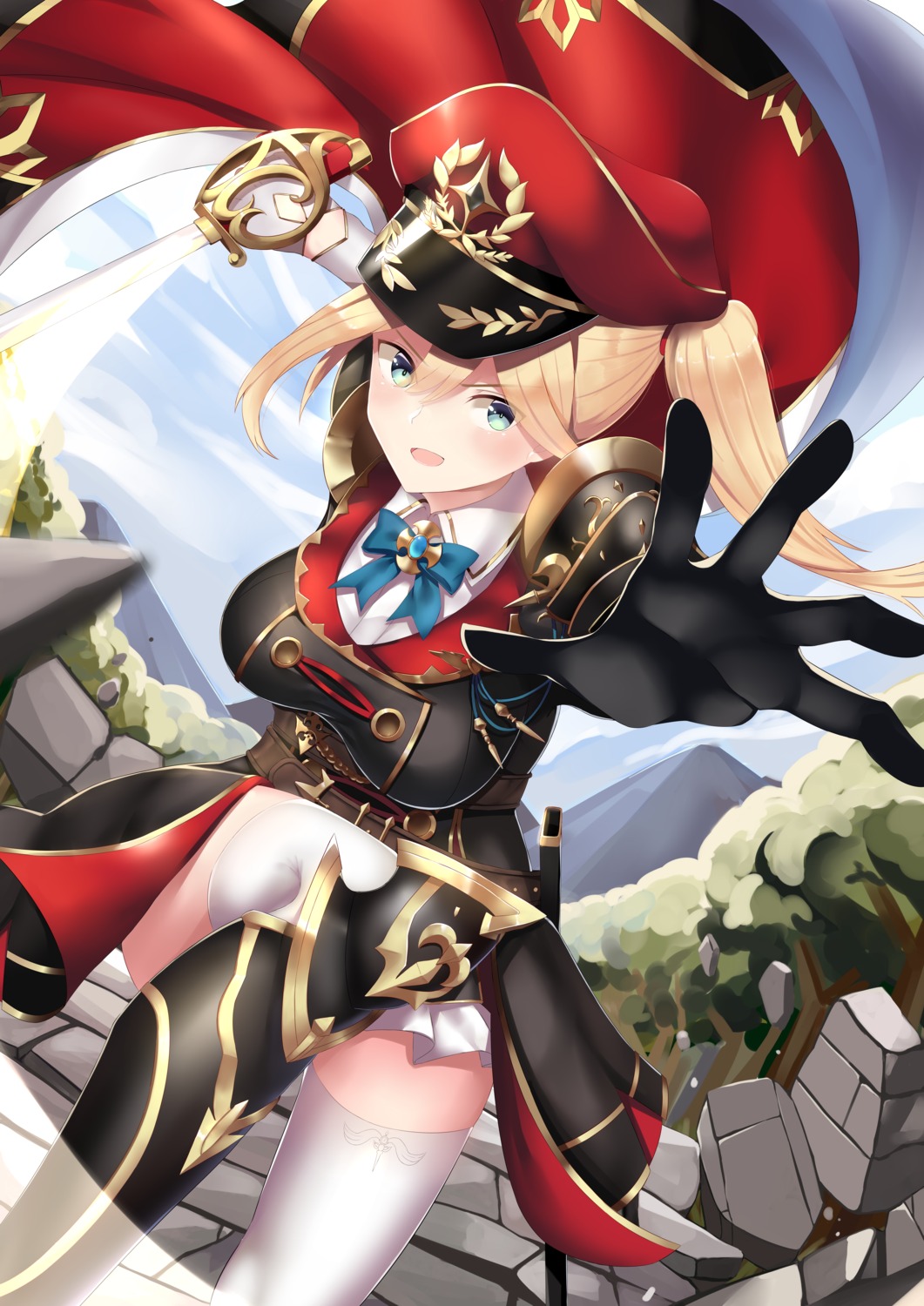 armor chrisha_(king's_raid) i.f.s.f king's_raid skirt_lift sword thighhighs uniform