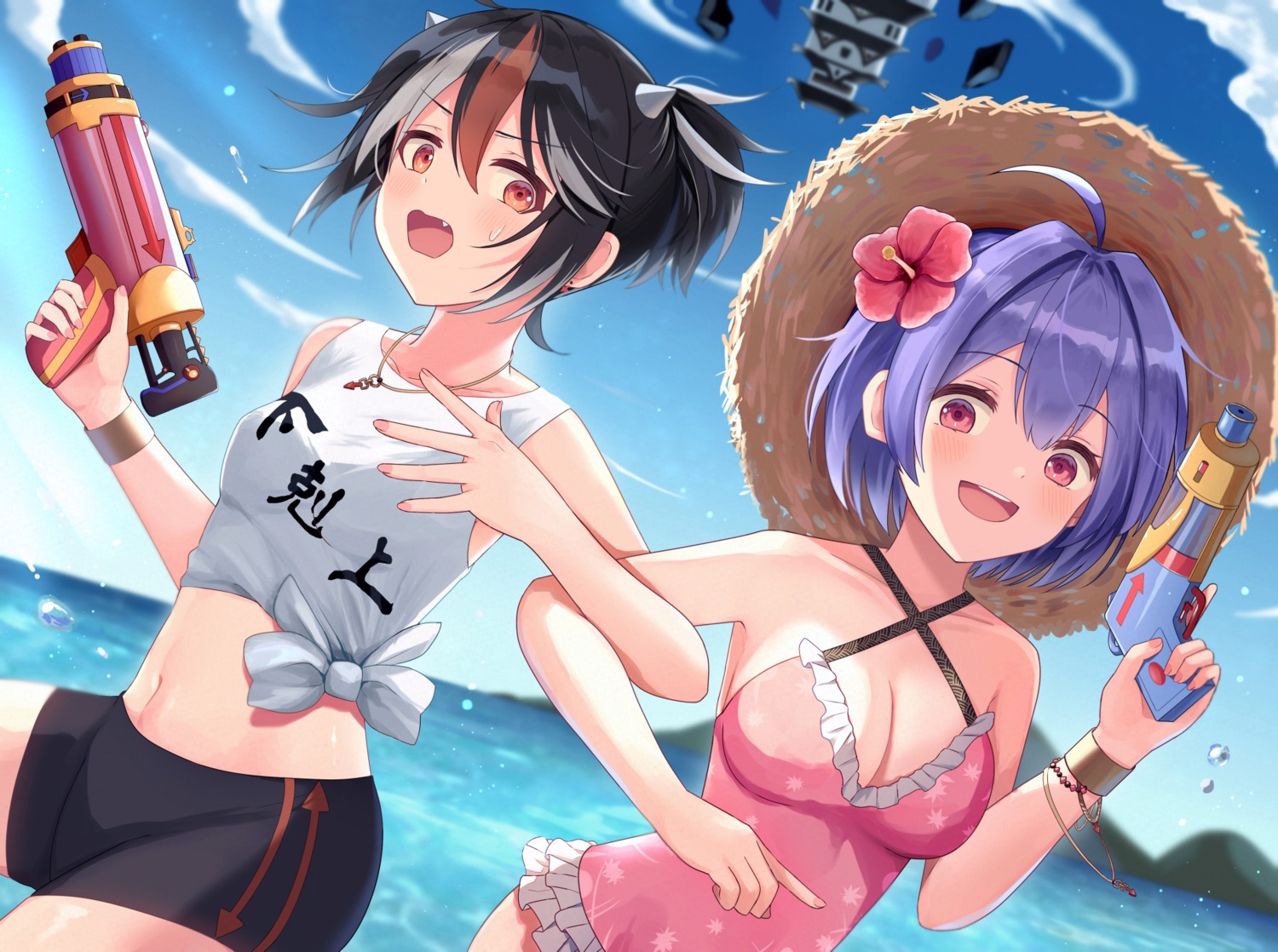 bike_shorts cleavage gun horns kijin_seija kkkk12103 shirt_lift sukuna_shinmyoumaru swimsuits touhou