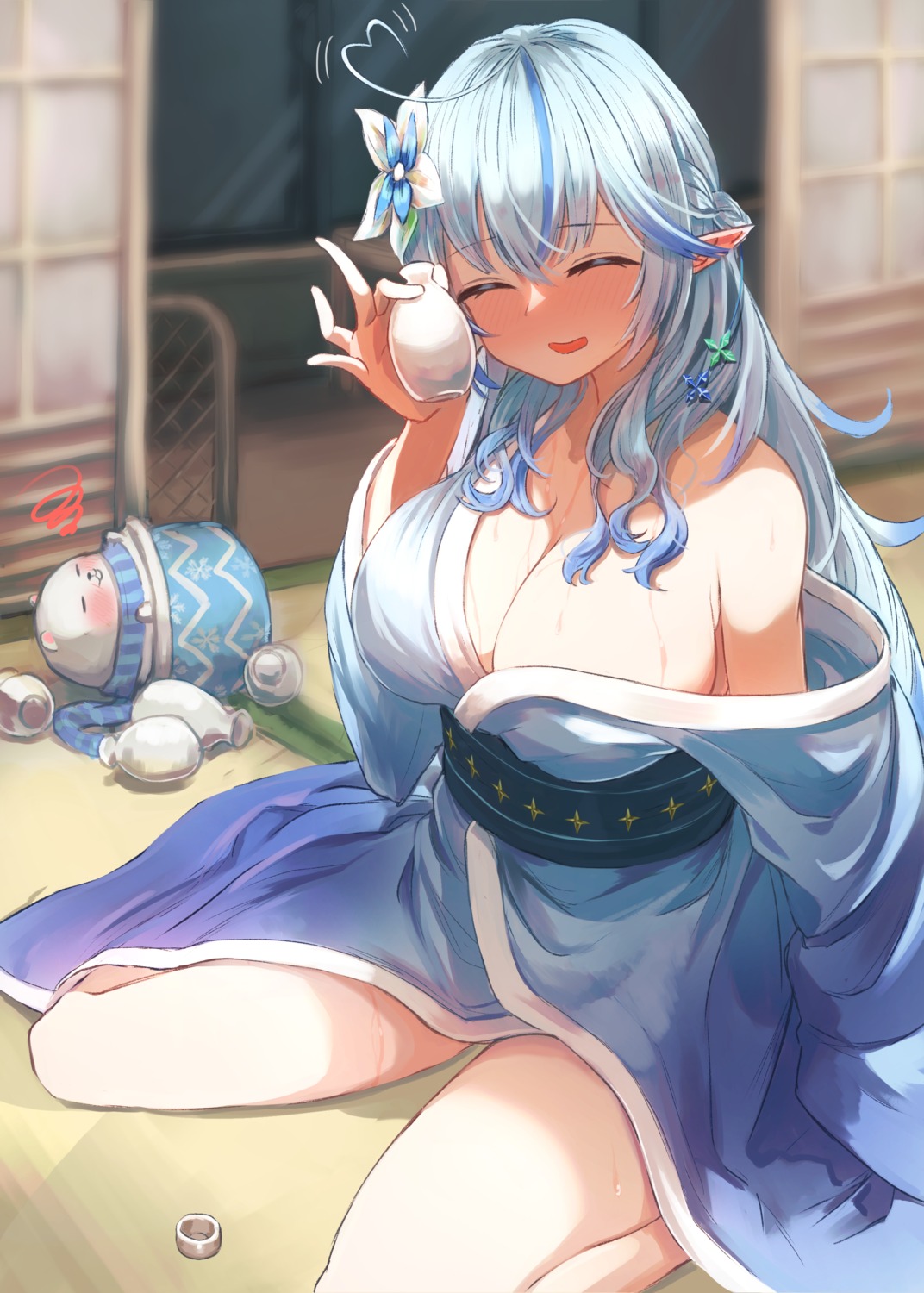 hololive japanese_clothes no_bra open_shirt pointy_ears roco_(rocoroco1115) sake wet yukihana_lamy