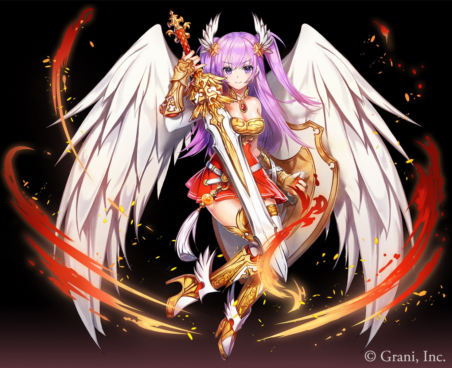 apple_caramel armor cleavage heels kurokishi_to_shiro_no_maou sword thighhighs wings