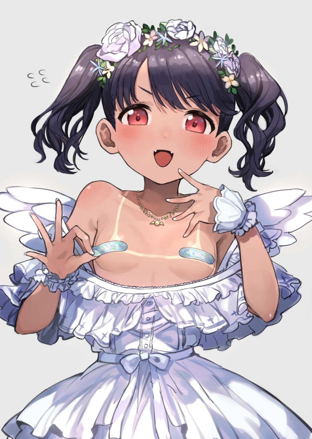 bandaid breasts dress fukumaru_koito no_bra open_shirt pasties signalviolet tan_lines the_idolm@ster the_idolm@ster_shiny_colors wings