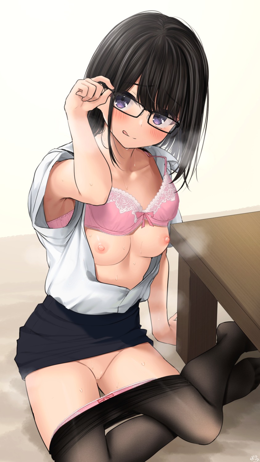 bra breasts censored dress_shirt kurokami-chan_(ramchi) megane nipples open_shirt pantsu panty_pull pantyhose pussy ramchi skirt_lift