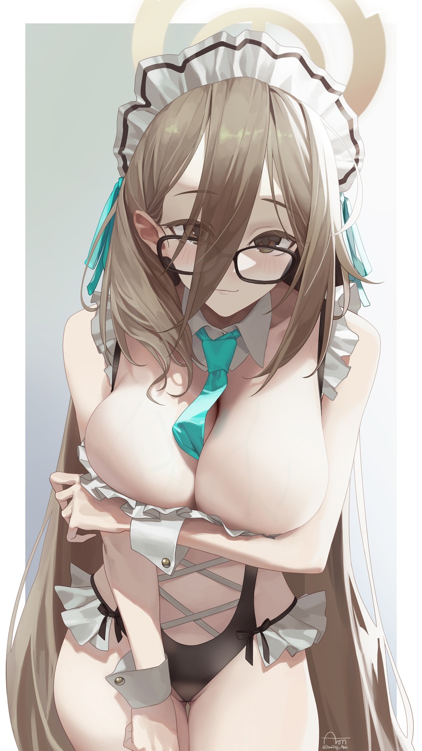 aronman blue_archive breast_hold halo maid megane murokasa_akane swimsuits