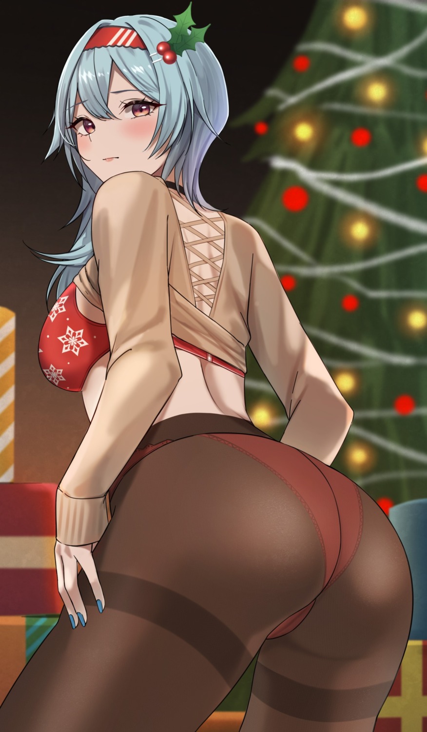 ass bra cameltoe christmas eula genshin_impact pantsu pantyhose renzu_(lens_02) shirt_lift sweater thong