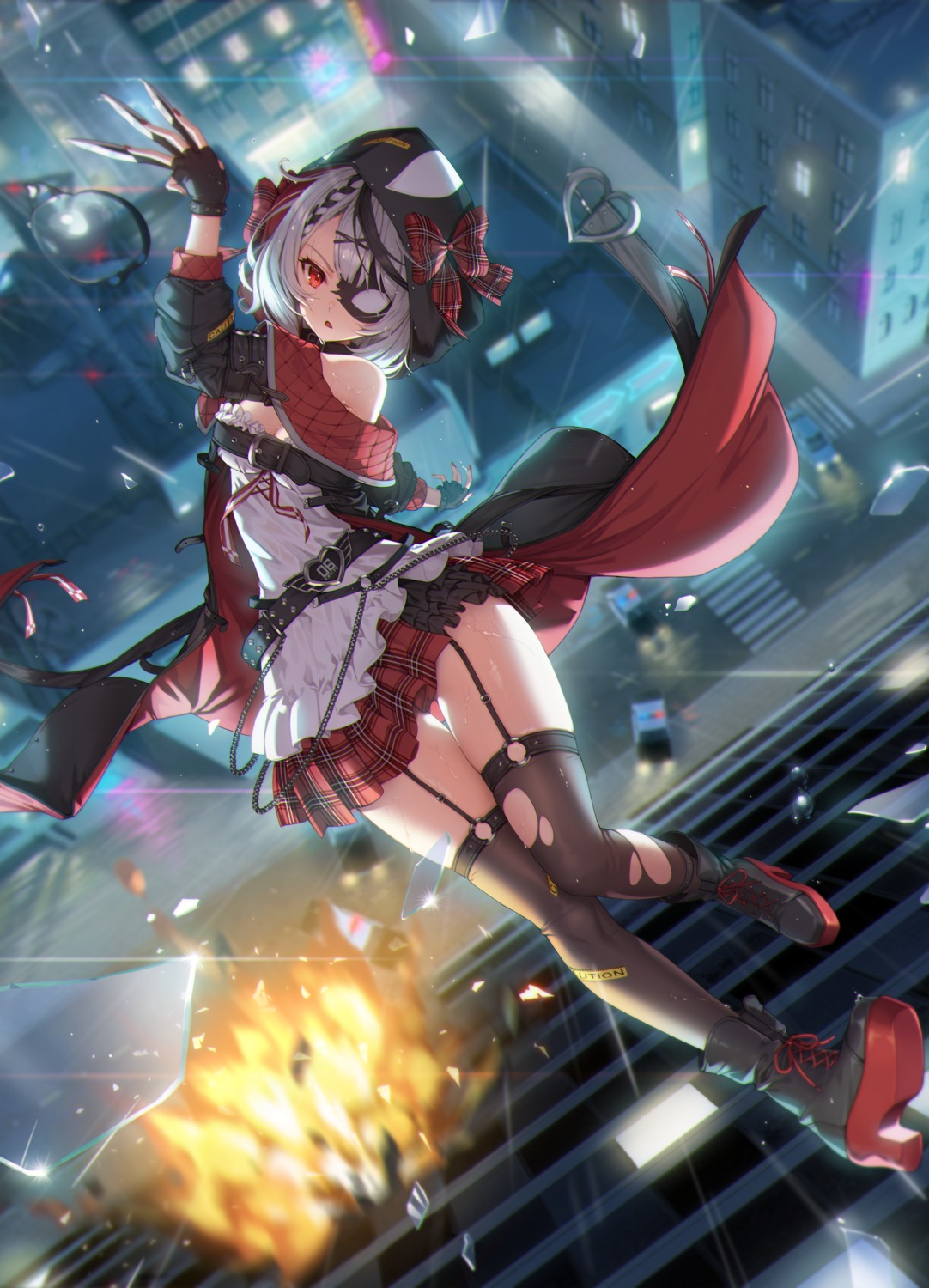 eyepatch hololive sakamata_chloe skirt_lift sseli stockings thighhighs torn_clothes weapon