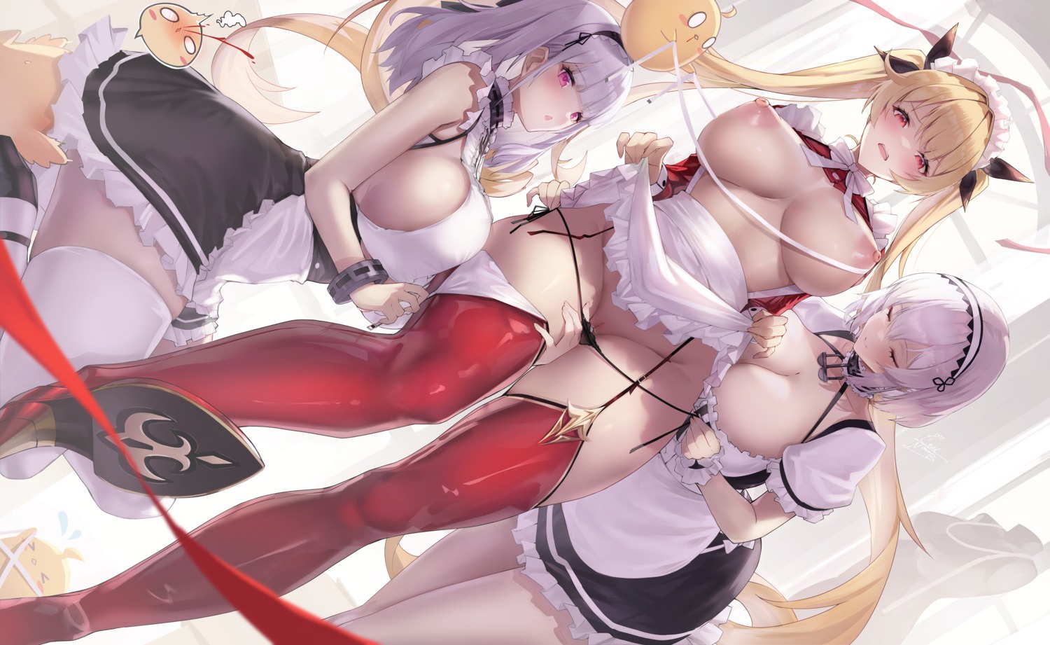 azur_lane blood breasts dido_(azur_lane) gainoob heels maid manjuu_(azur_lane) nelson_(azur_lane) nipples no_bra open_shirt pantsu panty_pull pussy sirius_(azur_lane) skirt_lift stockings string_panties thighhighs uncensored undressing