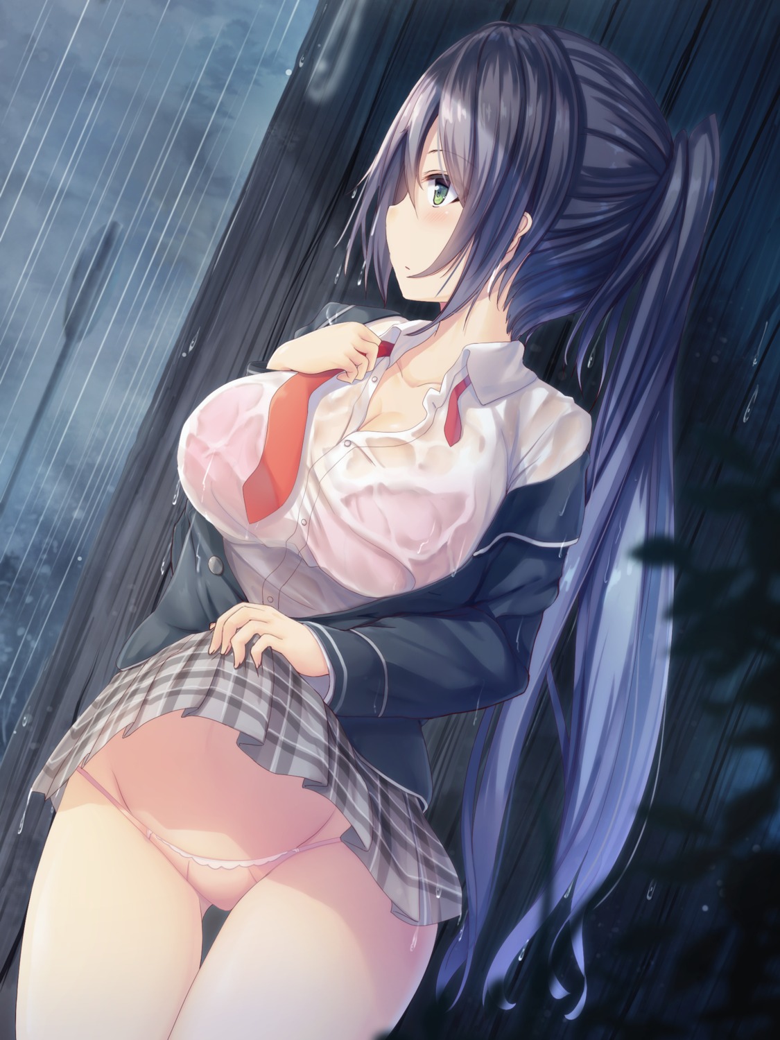 bra liya pantsu see_through seifuku skirt_lift wet_clothes