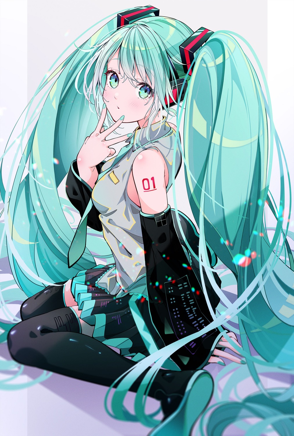 hatsune_miku headphones kae610_oekaki tattoo thighhighs vocaloid