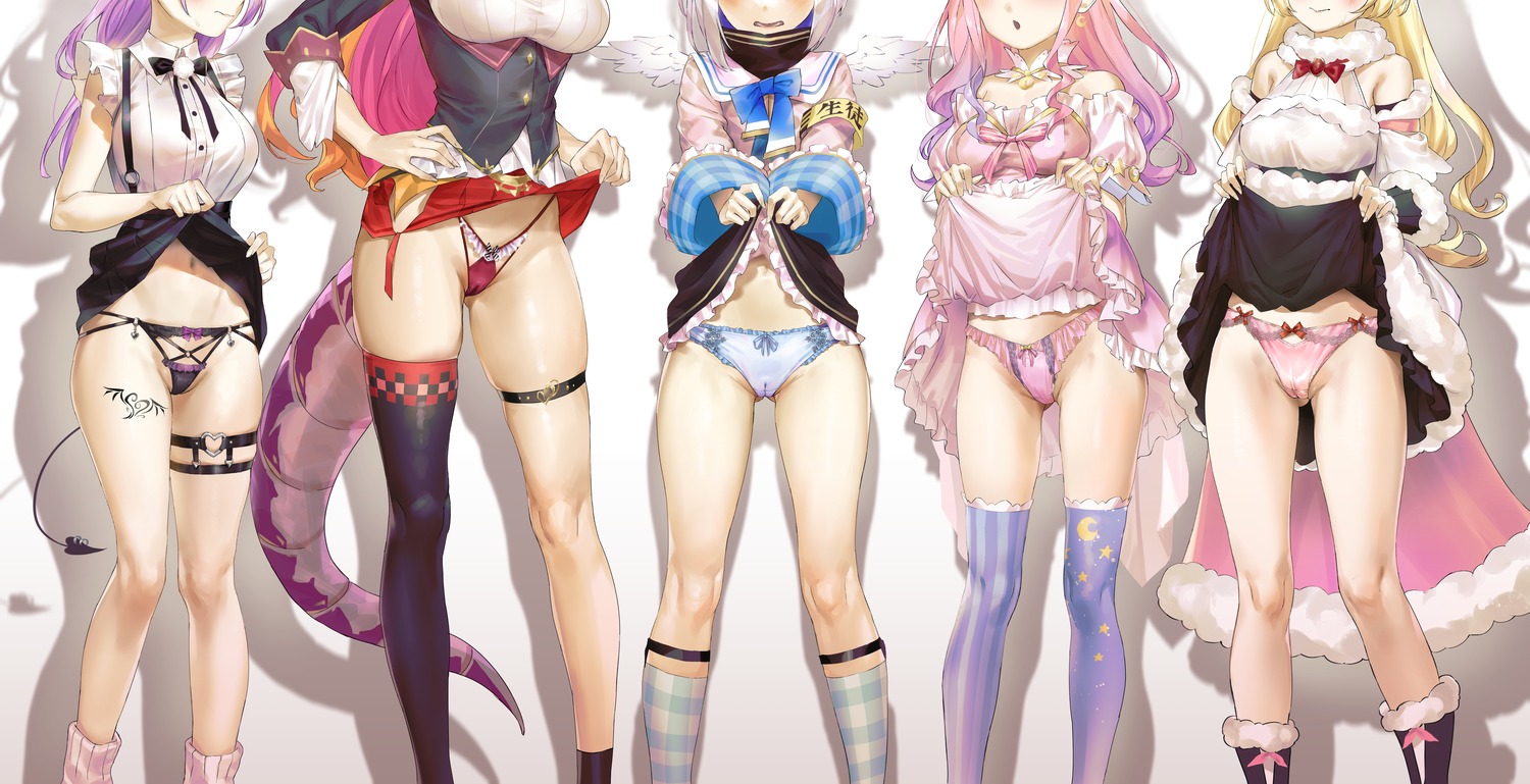 amane_kanata cameltoe garter himemori_luna hololive kiryuu_coco kuroi_suna pantsu seifuku skirt_lift tail tattoo thighhighs thong tokoyami_towa tsunomaki_watame wings