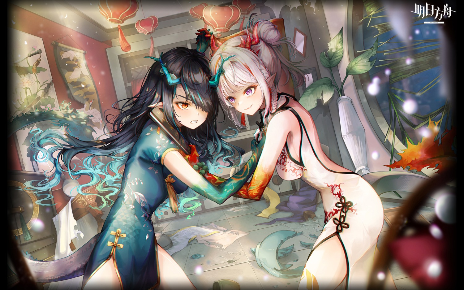 arknights chinadress dusk_(arknights) horns nian_(arknights) no_bra pistachiocream pointy_ears tail tattoo