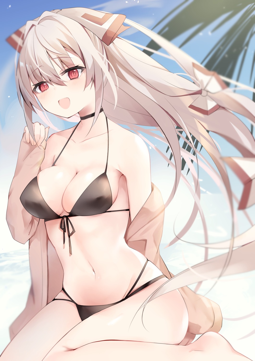 bikini erect_nipples fujiwara_no_mokou hiiro60 open_shirt swimsuits touhou