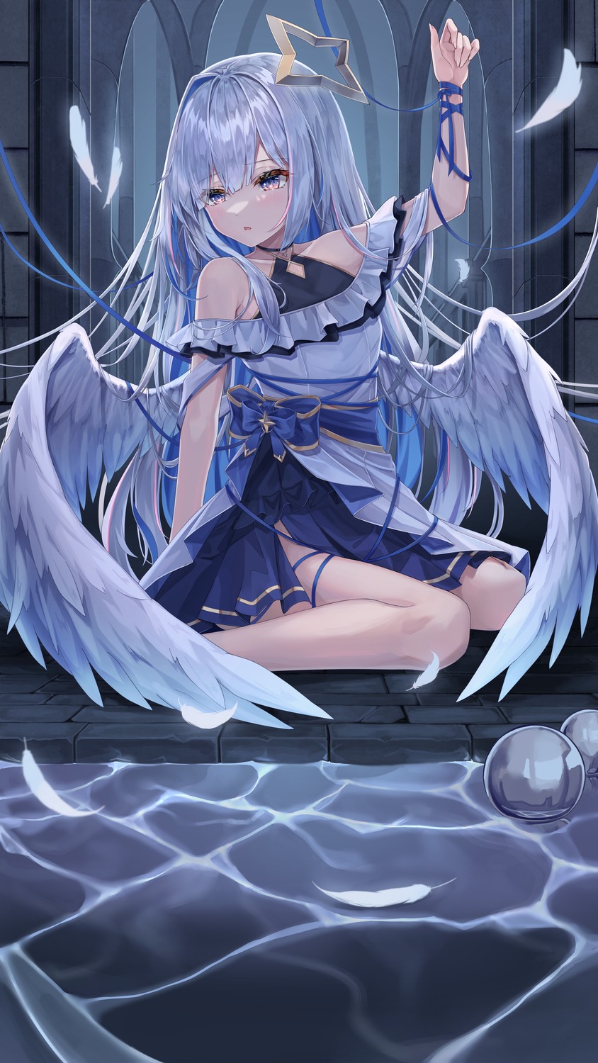 amane_kanata angel bondage dress hololive skirt_lift wet wings yeosi