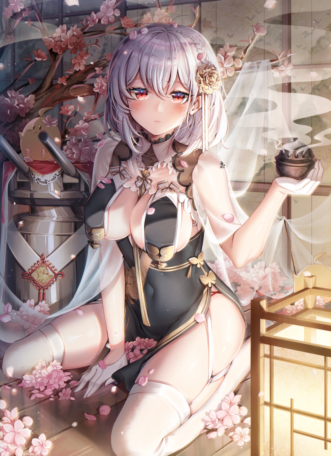 asian_clothes azur_lane menna_(0012) no_bra see_through sirius_(azur_lane) stockings thighhighs