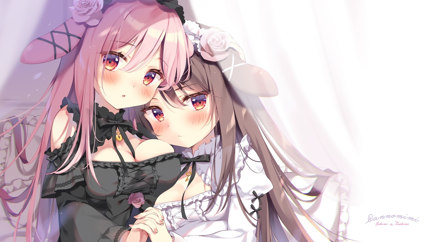 animal_ears bunny_ears dress gothic_lolita lolita_fashion no_bra pan pan_no_mimi wallpaper yuri