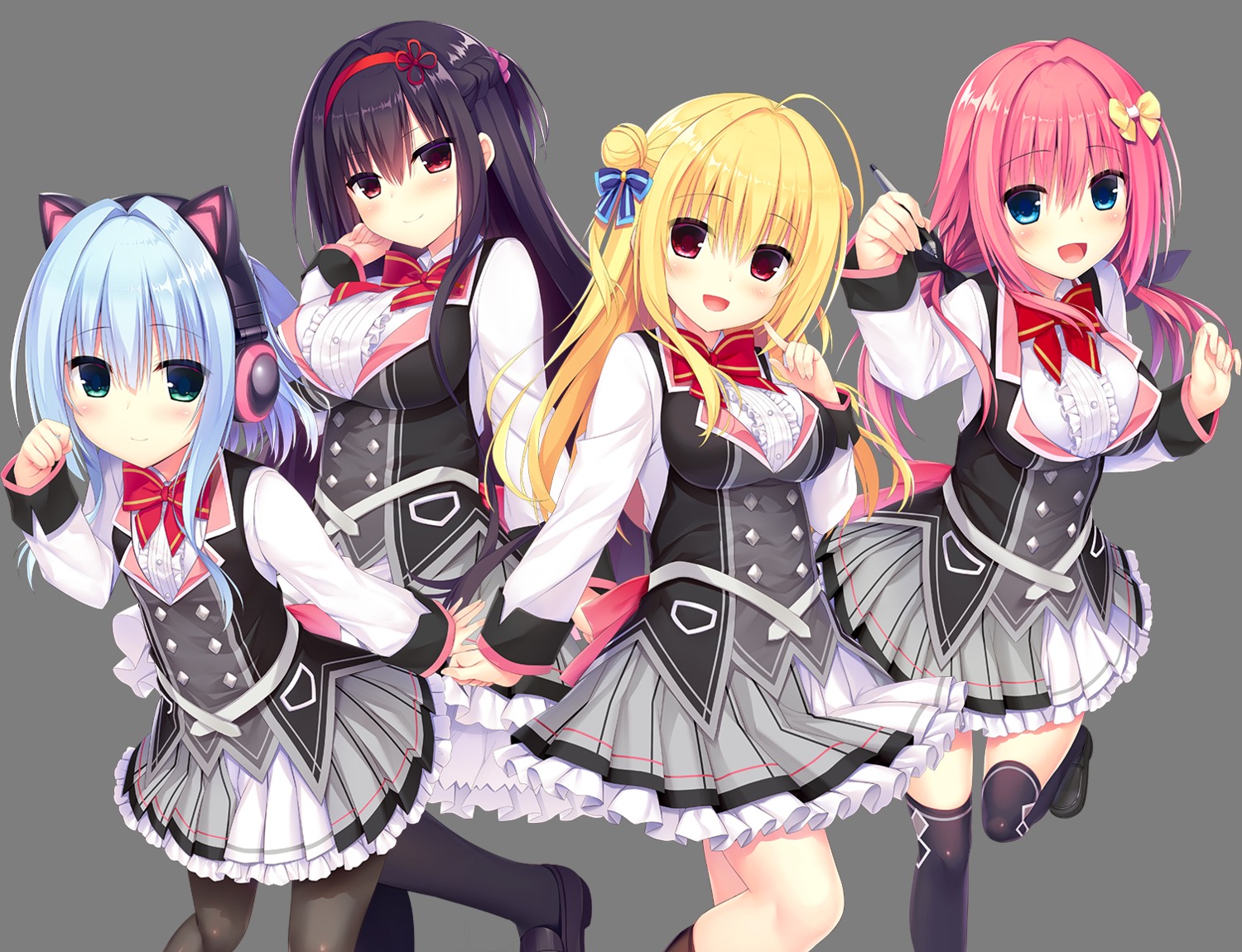 animal_ears hamidashi_creative headphones izumi_hiyori kamakura_shio madosoft nekomimi nishiki_asumi pantyhose seifuku thighhighs tokiwa_kano transparent_png utsunomiya_tsumire