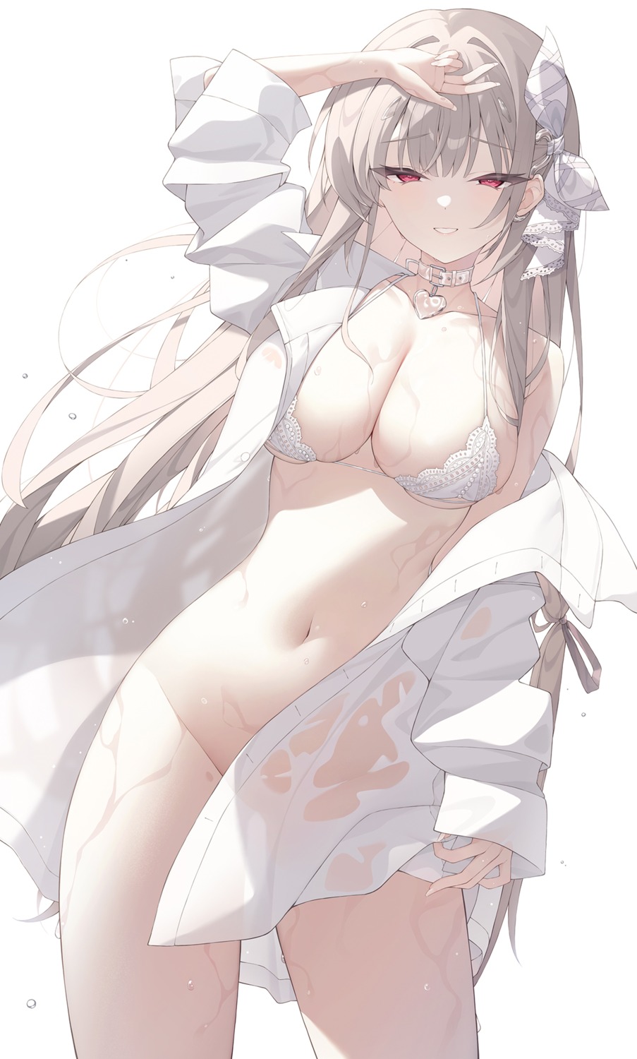 bikini_top bottomless dress_shirt goddess_of_victory:_nikke infinity_(kkx132) open_shirt see_through swimsuits viper_(nikke) wet wet_clothes