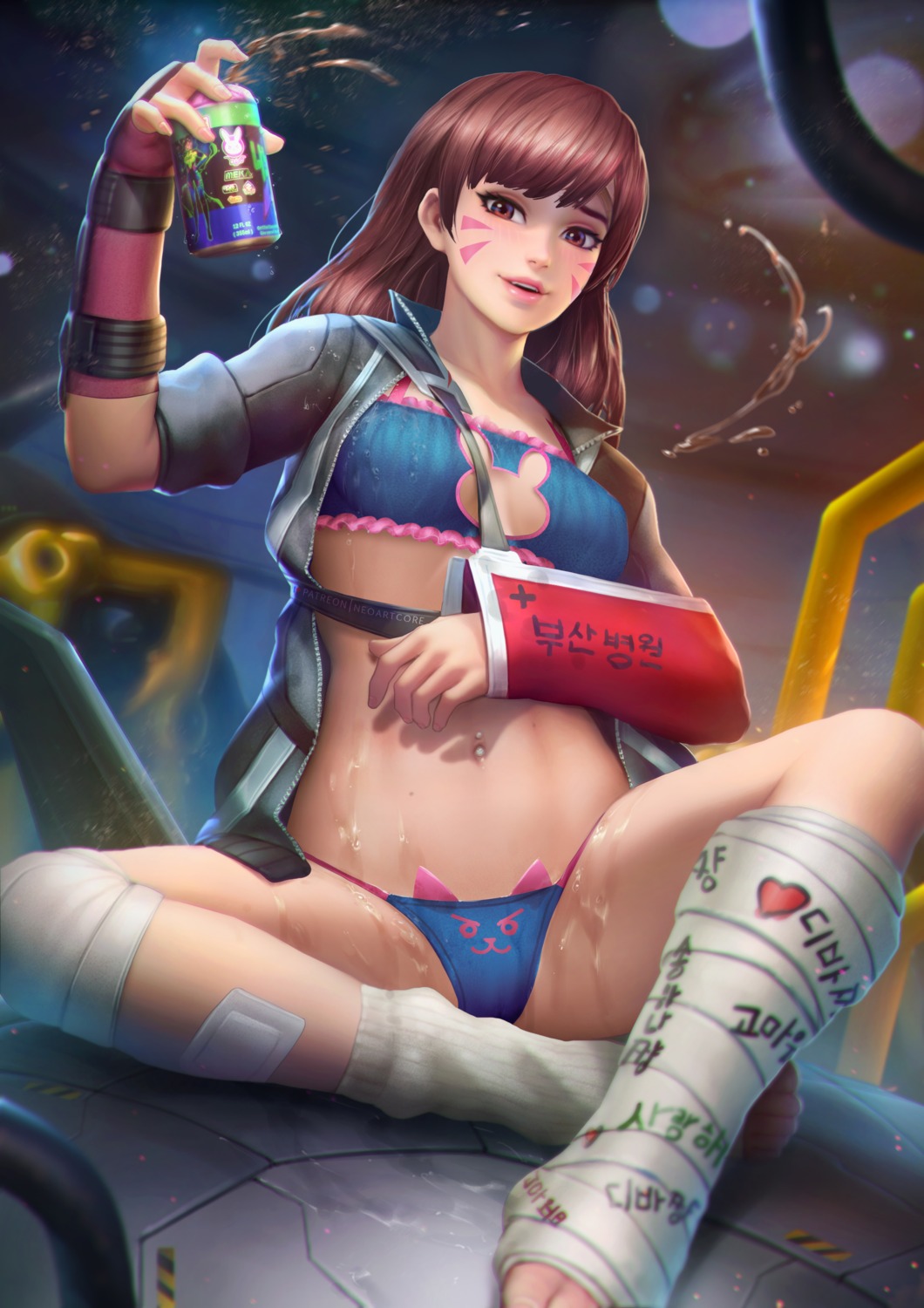 bandages bandaid bra cameltoe d.va nudtawut_thongmai open_shirt overwatch pantsu wet