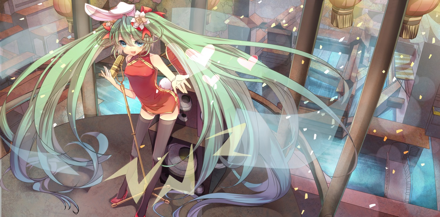 animal_ears bunny_ears chinadress hatsune_miku nuage thighhighs vocaloid