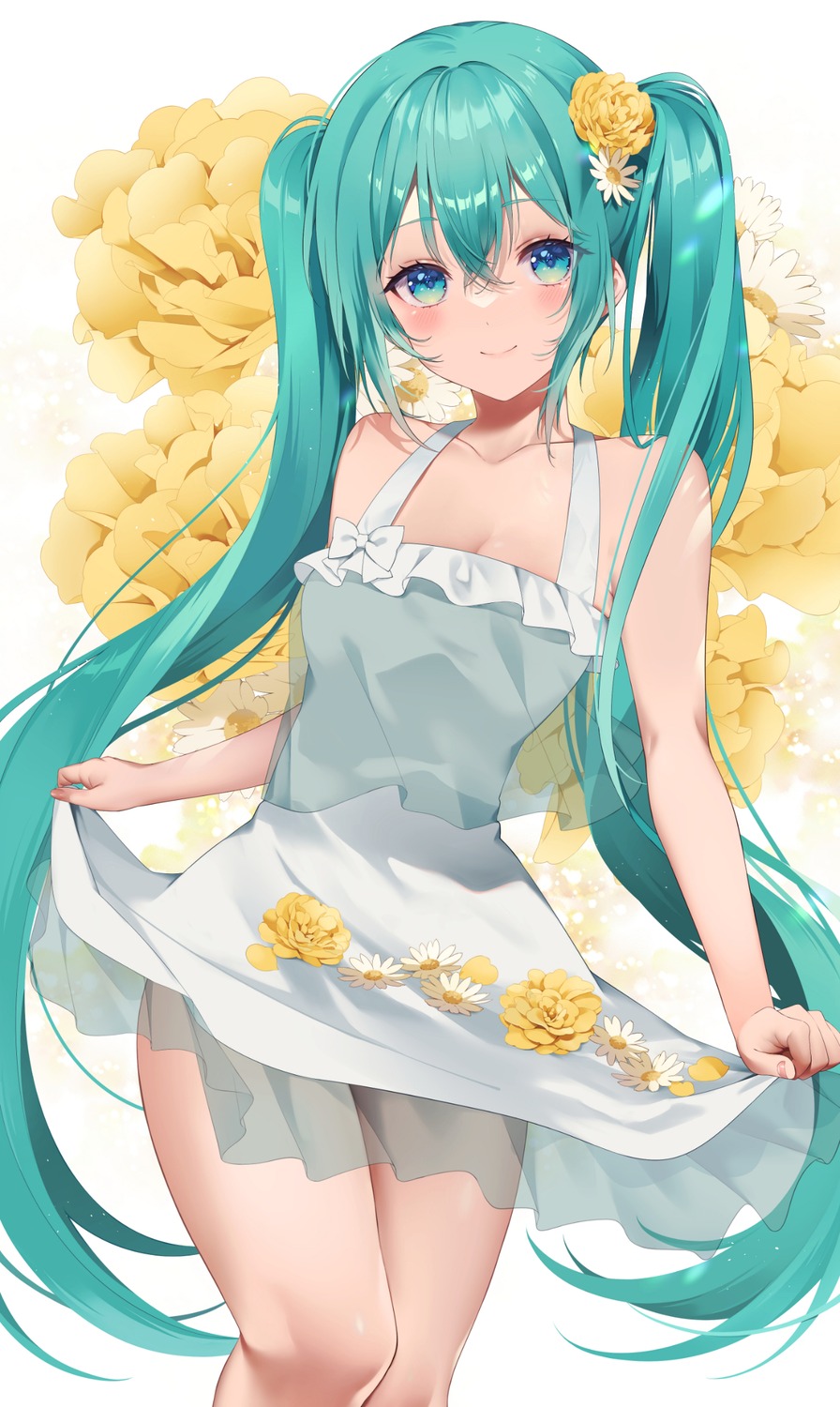 cleavage dress hatsune_miku noberu see_through skirt_lift summer_dress vocaloid