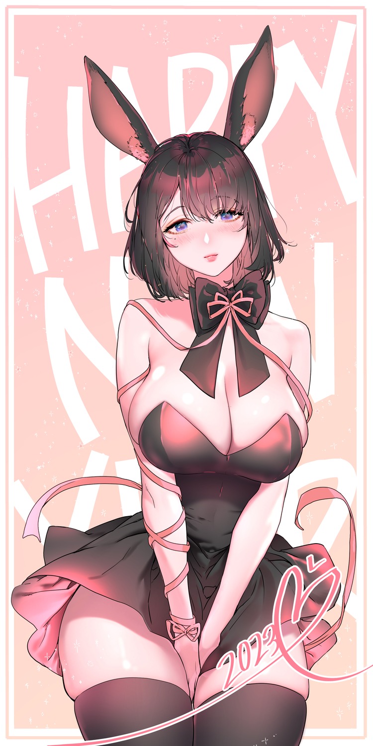 animal_ears bunny_ears no_bra noko6965 skirt_lift thighhighs