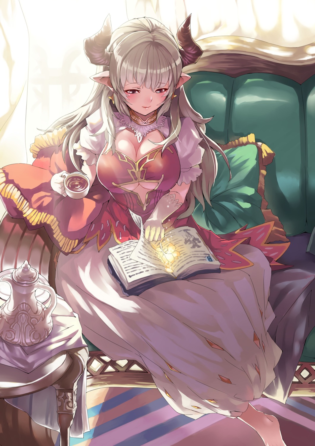 alicia_(granblue_fantasy) ceda cleavage dress granblue_fantasy horns open_shirt pointy_ears