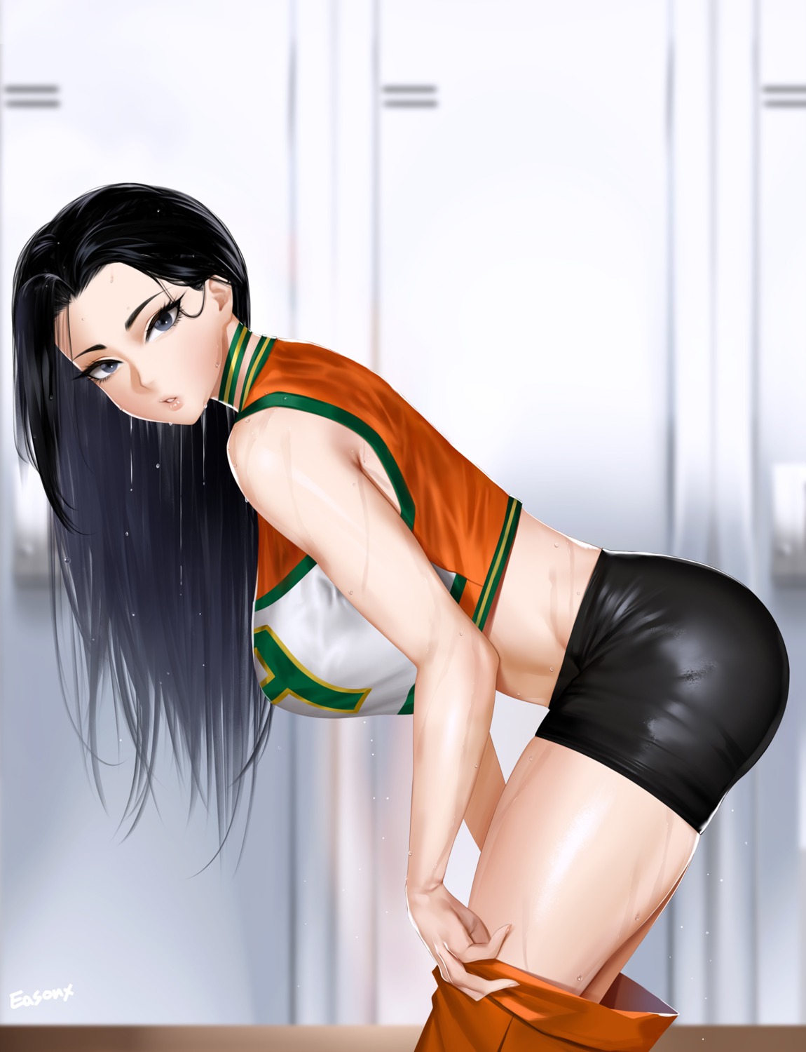 bike_shorts boku_no_hero_academia easonx undressing uniform wet wet_clothes yaoyorozu_momo