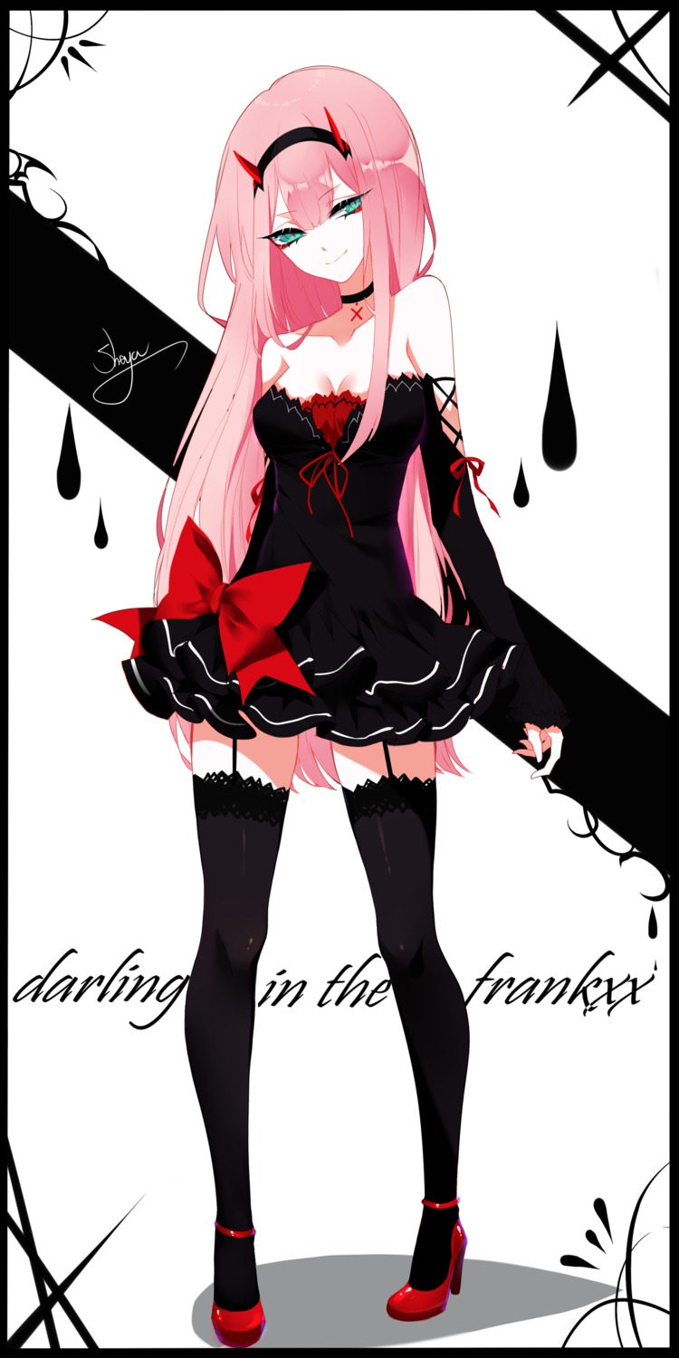 cleavage darling_in_the_franxx dress heels horns sheya stockings thighhighs zero_two_(darling_in_the_franxx)