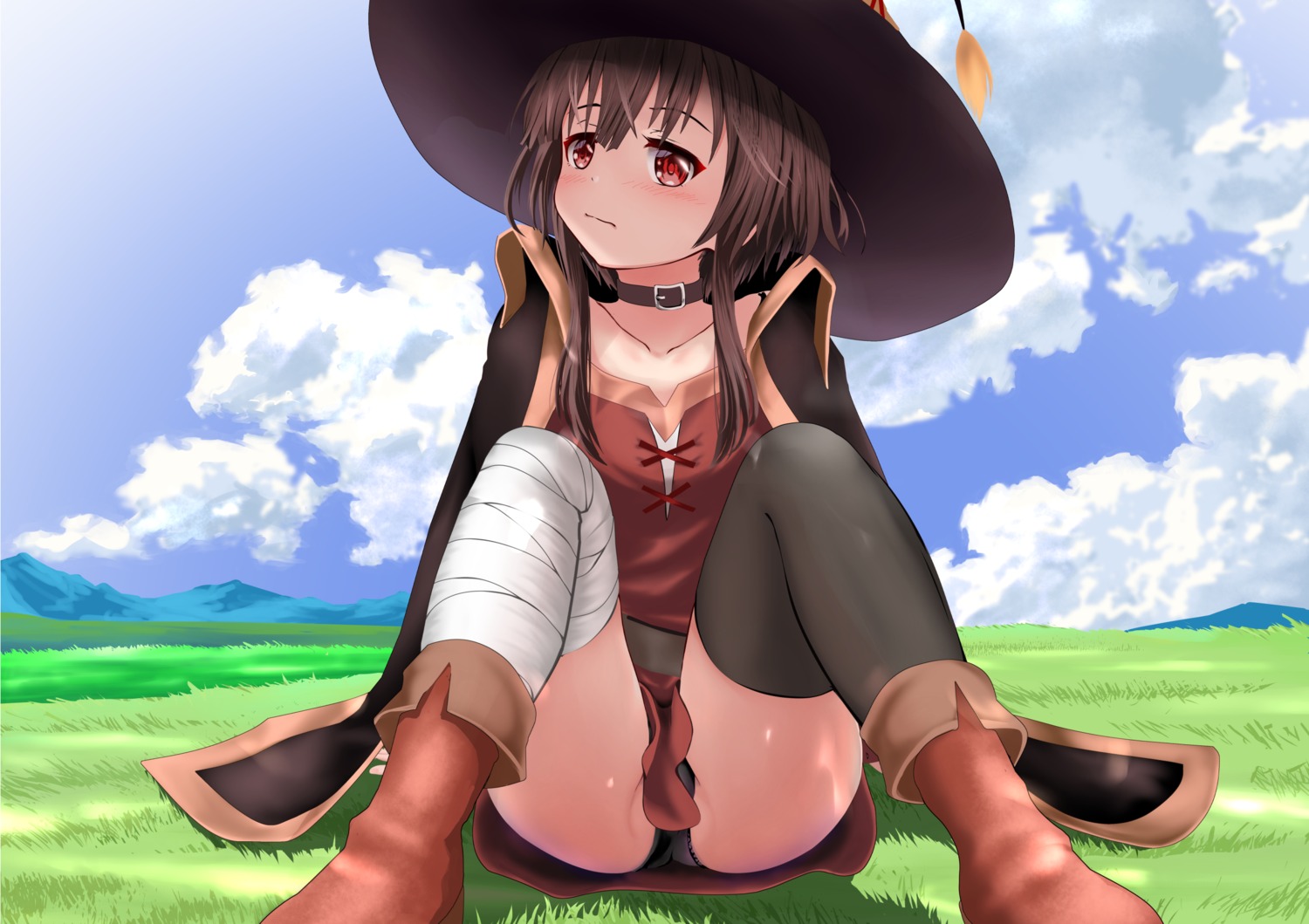 bandages dress gibun_(sozoshu) kono_subarashii_sekai_ni_shukufuku_wo! megumin pantsu skirt_lift thighhighs witch