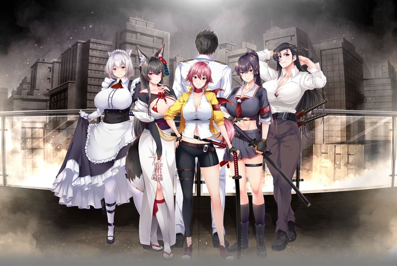 animal_ears bra cleavage dress_shirt garter hareno_chiame japanese_clothes kemigawa kitsune maid mdf_an nagi_raiun no_bra open_shirt propeller seifuku skirt_lift sword tail uniform yuzuriha_no_uta