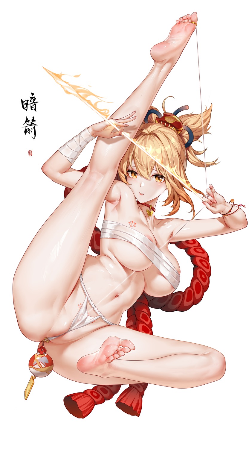 anal areola bandages da_mao_banlangen feet fundoshi genshin_impact pussy sarashi tattoo thong weapon yoimiya