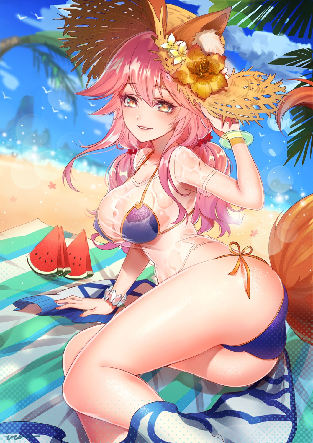 animal_ears ass bikini fate/grand_order sai_ichirou see_through swimsuits tail tamamo_no_mae wet_clothes