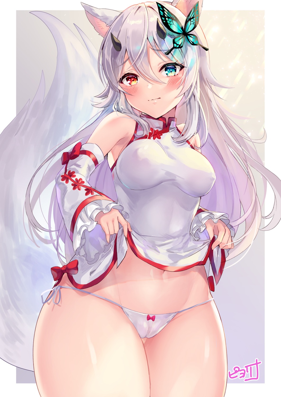 animal_ears cameltoe chinadress erect_nipples heterochromia horns pantsu piyoyanagi skirt_lift string_panties tail