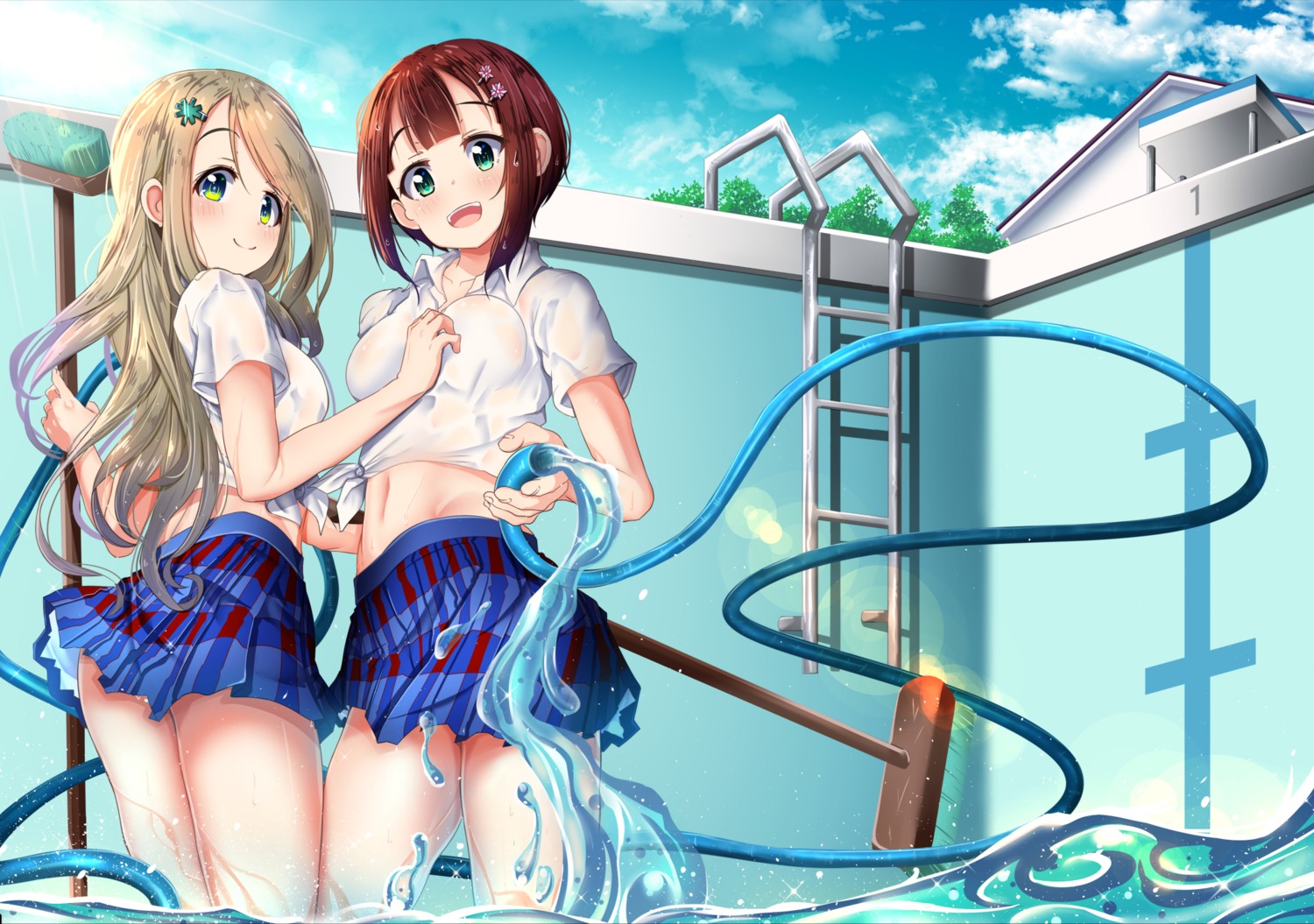 ayase_arisa kousaka_yukiho love_live! mad_(hazukiken) no_bra see_through seifuku wet wet_clothes