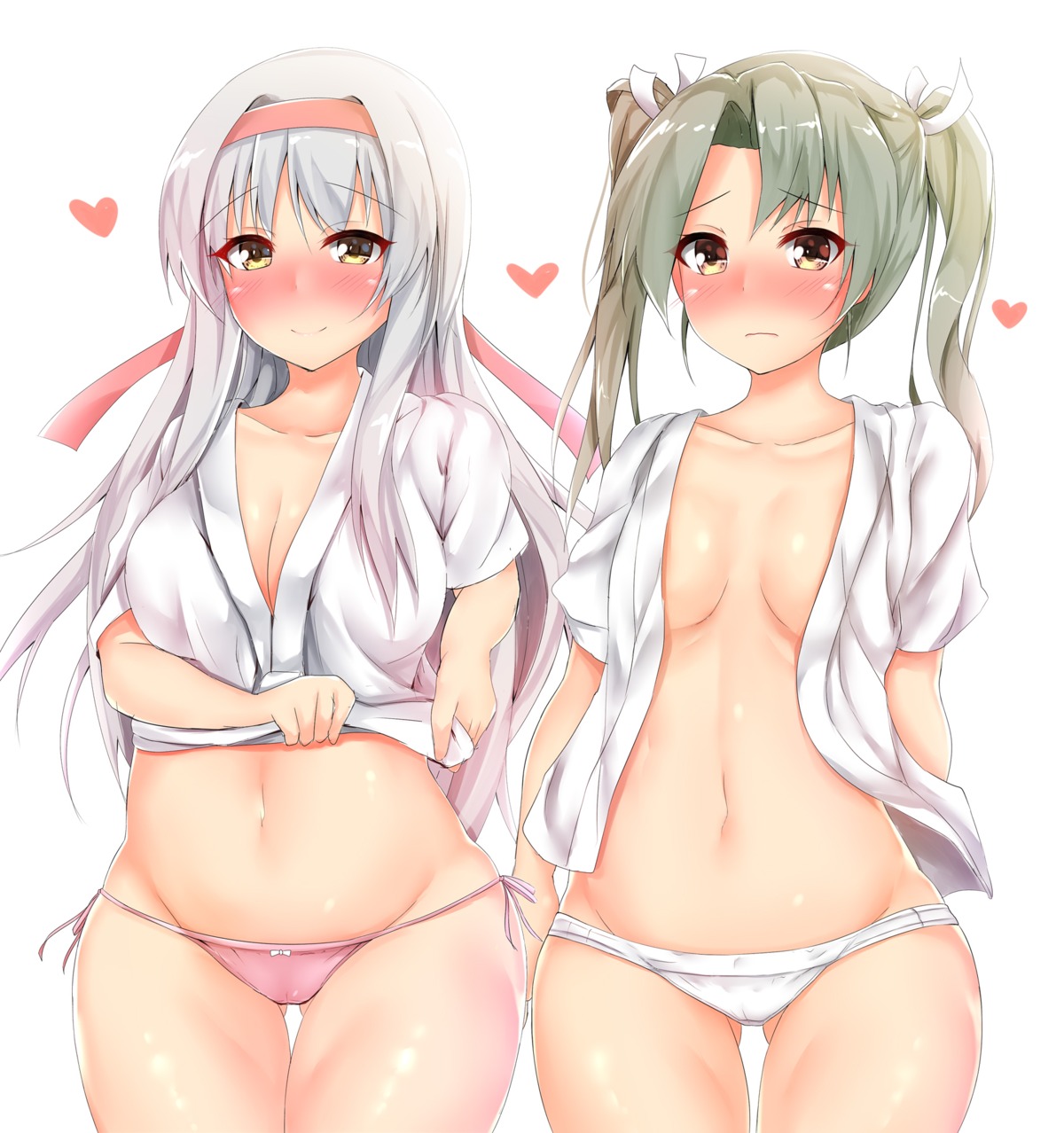 cameltoe cleavage kantai_collection no_bra open_shirt pantsu shirt_lift shoukaku_(kancolle) string_panties zuikaku_(kancolle)