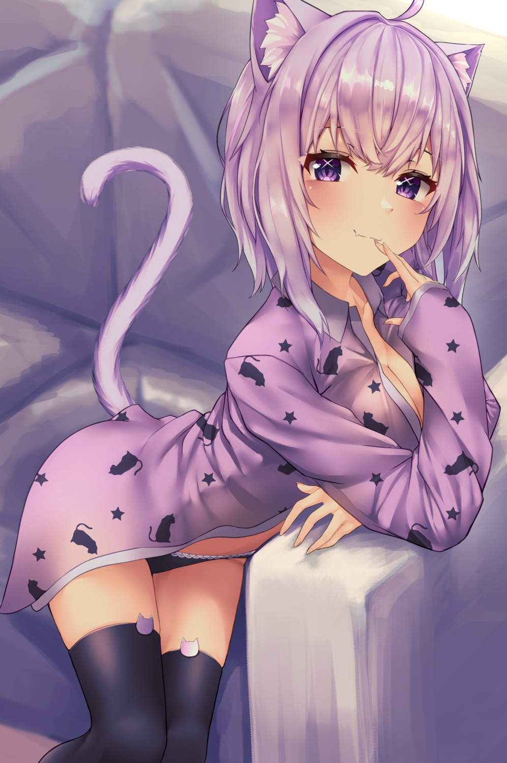 animal_ears cleavage hololive hololive_gamers inaba_teitoku nekomata_okayu nekomimi open_shirt pajama pantsu tail thighhighs