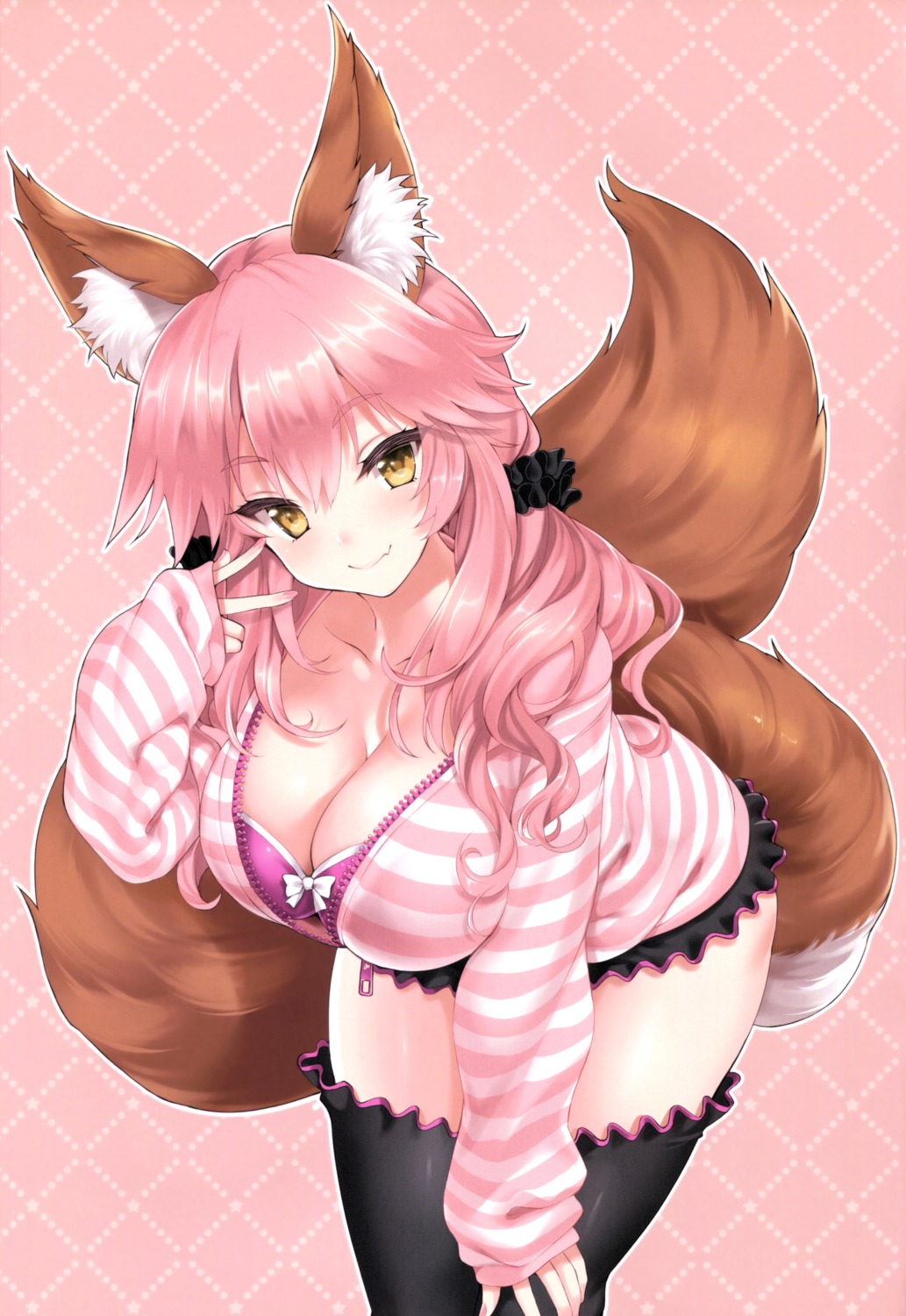 animal_ears bra cle_masahiro cleavage clesta fate/extra fate/stay_night open_shirt tail tamamo_no_mae thighhighs