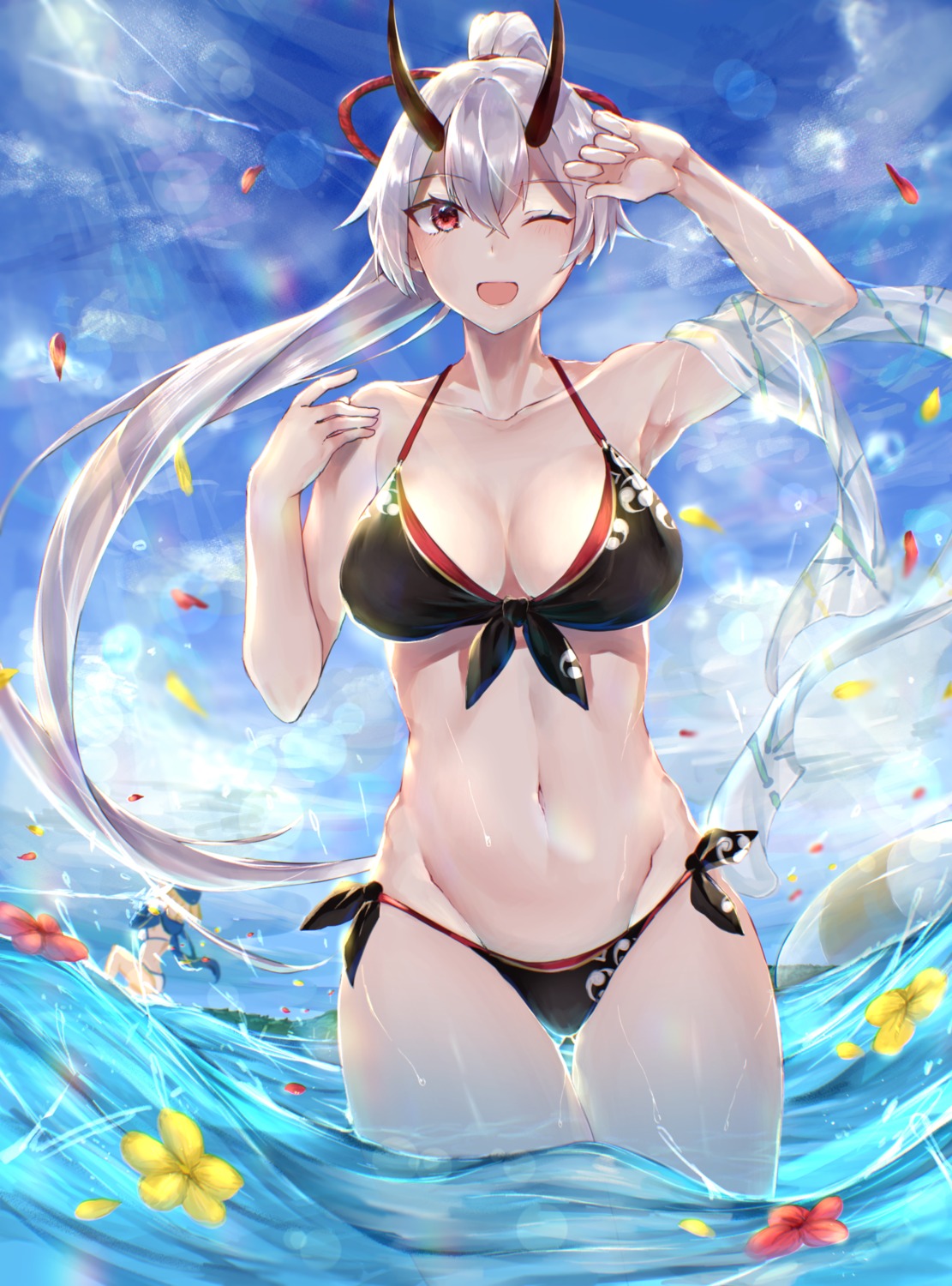 bikini fate/grand_order heroine_xx hitomin_(ksws7544) horns swimsuits tomoe_gozen_(fate/grand_order) wet