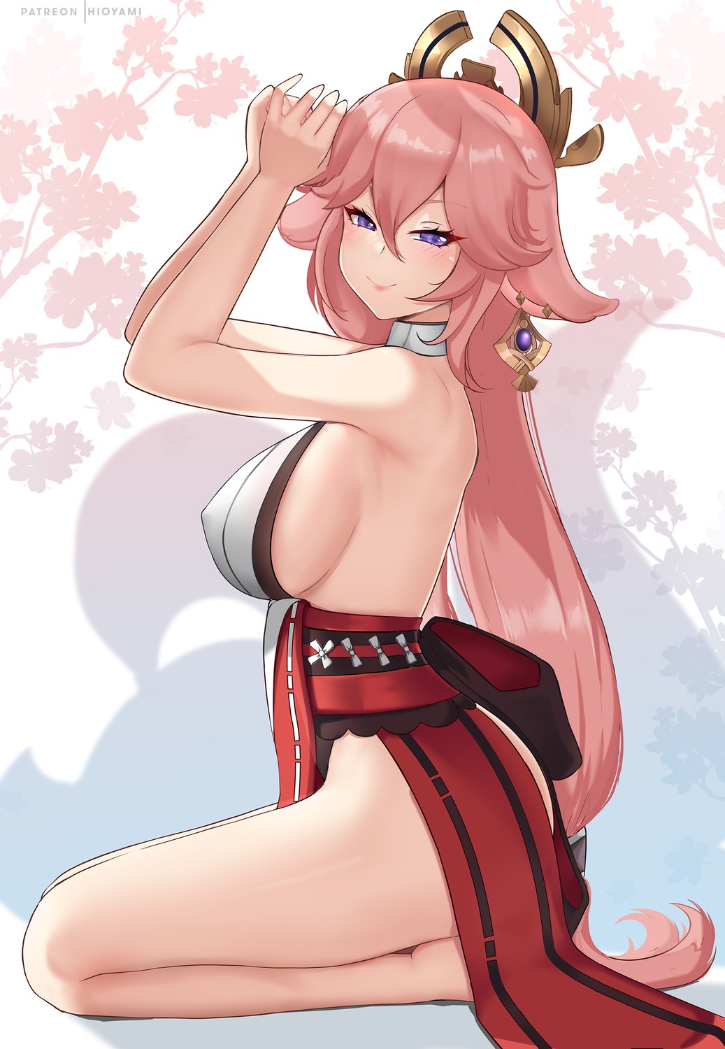 animal_ears erect_nipples genshin_impact hioyami japanese_clothes kitsune no_bra yae_miko