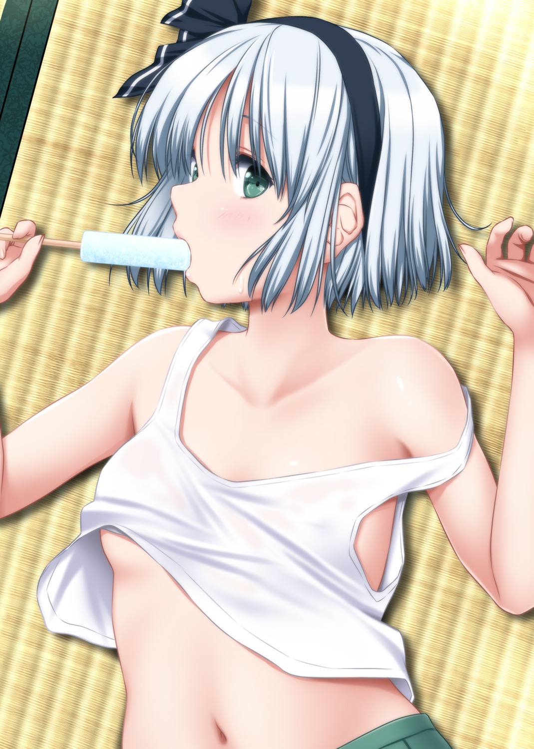 konpaku_youmu no_bra nori_tamago see_through shirt_lift touhou wet_clothes