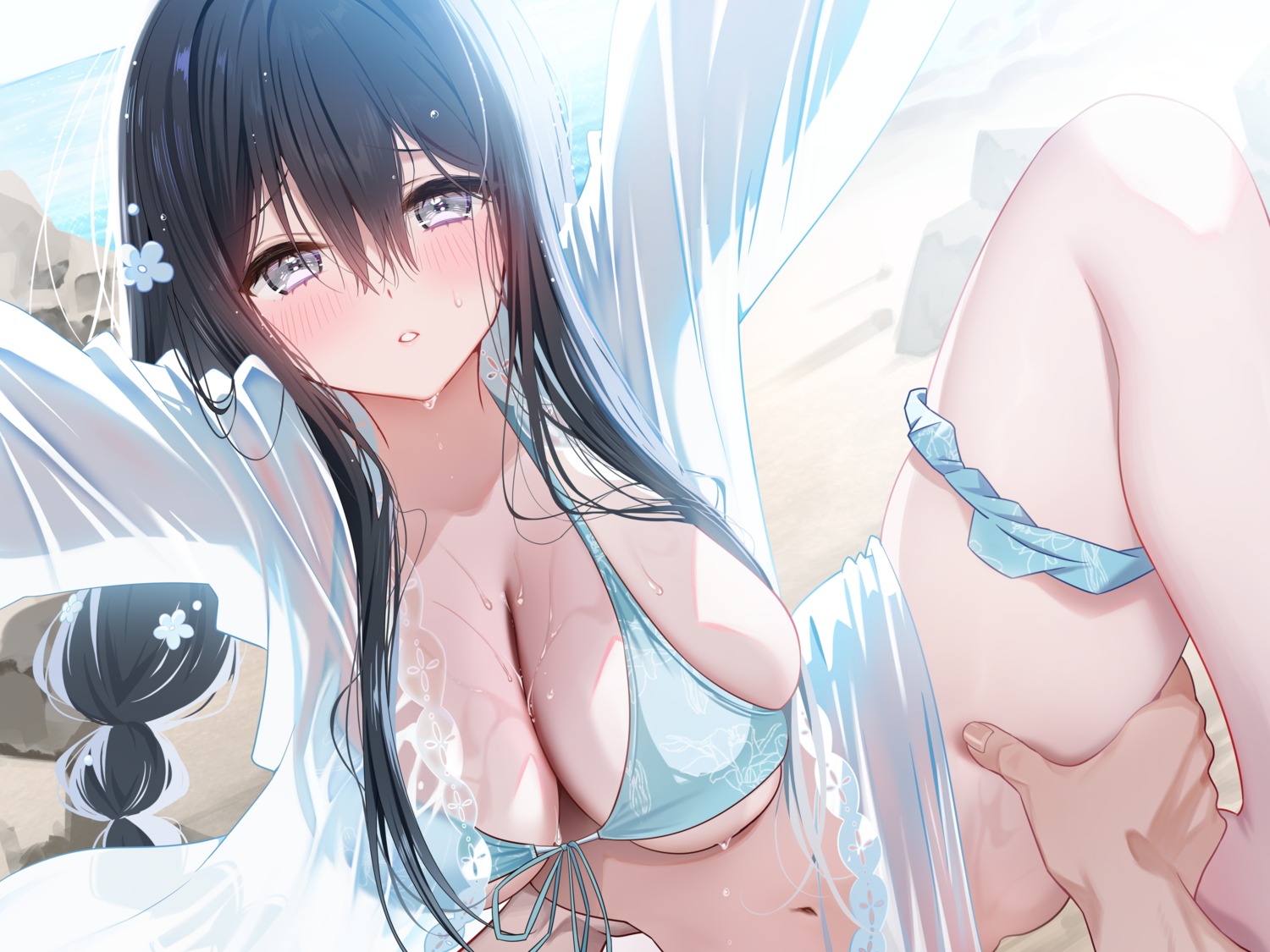 bikini open_shirt panty_pull piyopoyo see_through swimsuits wet wet_clothes