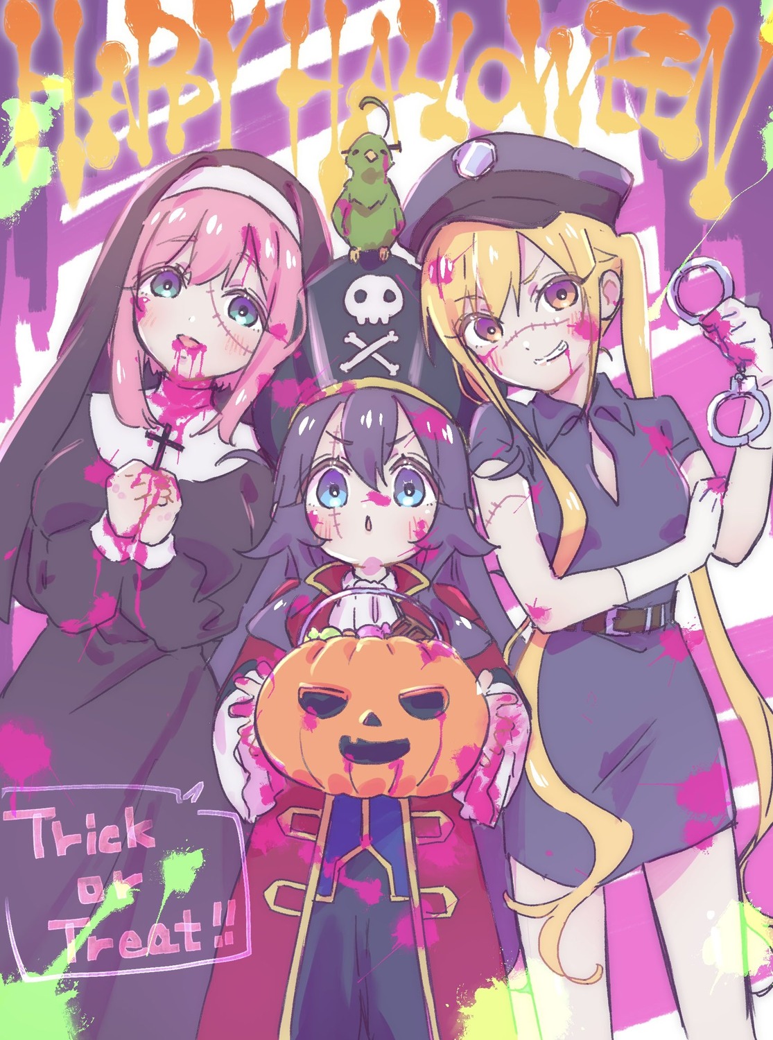 blood halloween hanazono_hakari inda_karane kimi_no_koto_ga_dai_dai_dai_dai_daisuki_na_100-nin_no_kanojo nun pirate police_uniform yano_akane yoshimoto_shizuka