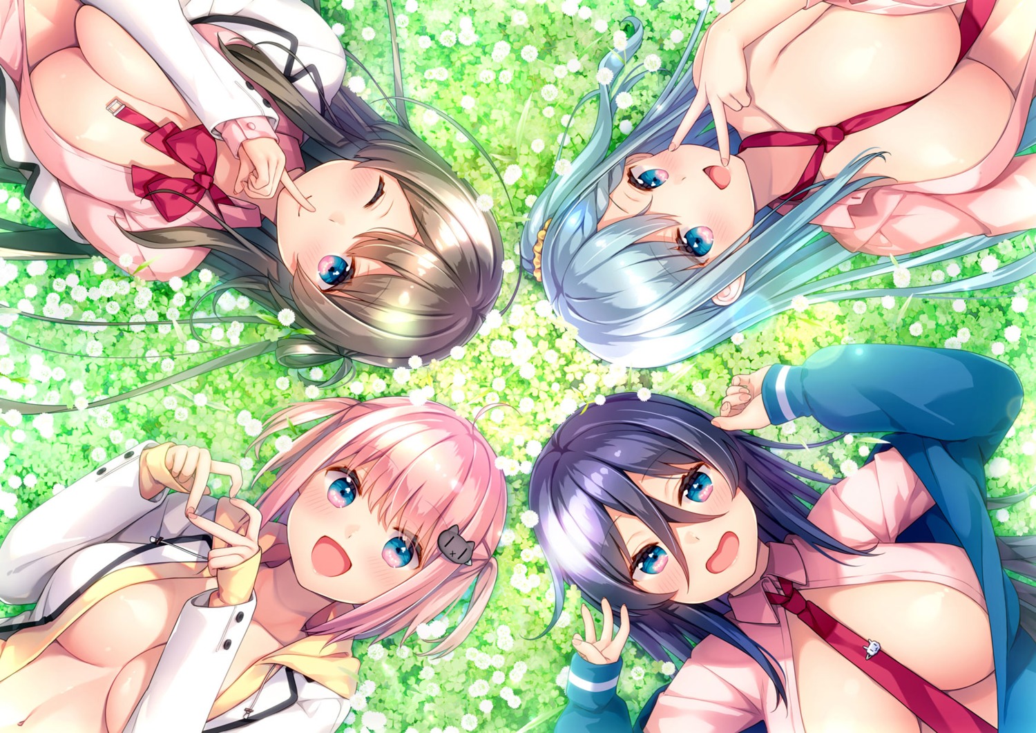 akabeisoft3 bekotarou breast_hold hananomiya_futaba hananomiya_mei hananomiya_mimimi hananomiya_shiika no_bra open_shirt seifuku shirotsume_yubiwa_~yottsu_ko_no_hanayome_ore_zen'in_erabimashita~