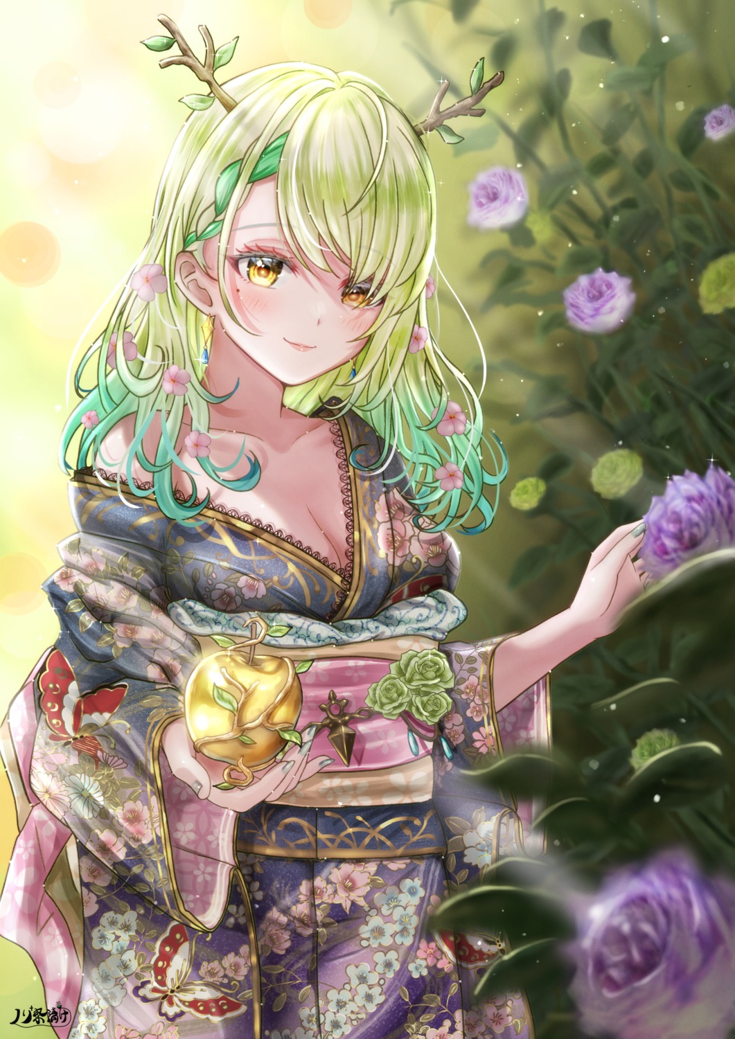 ceres_fauna cleavage hololive hololive_english horns kimono norino open_shirt