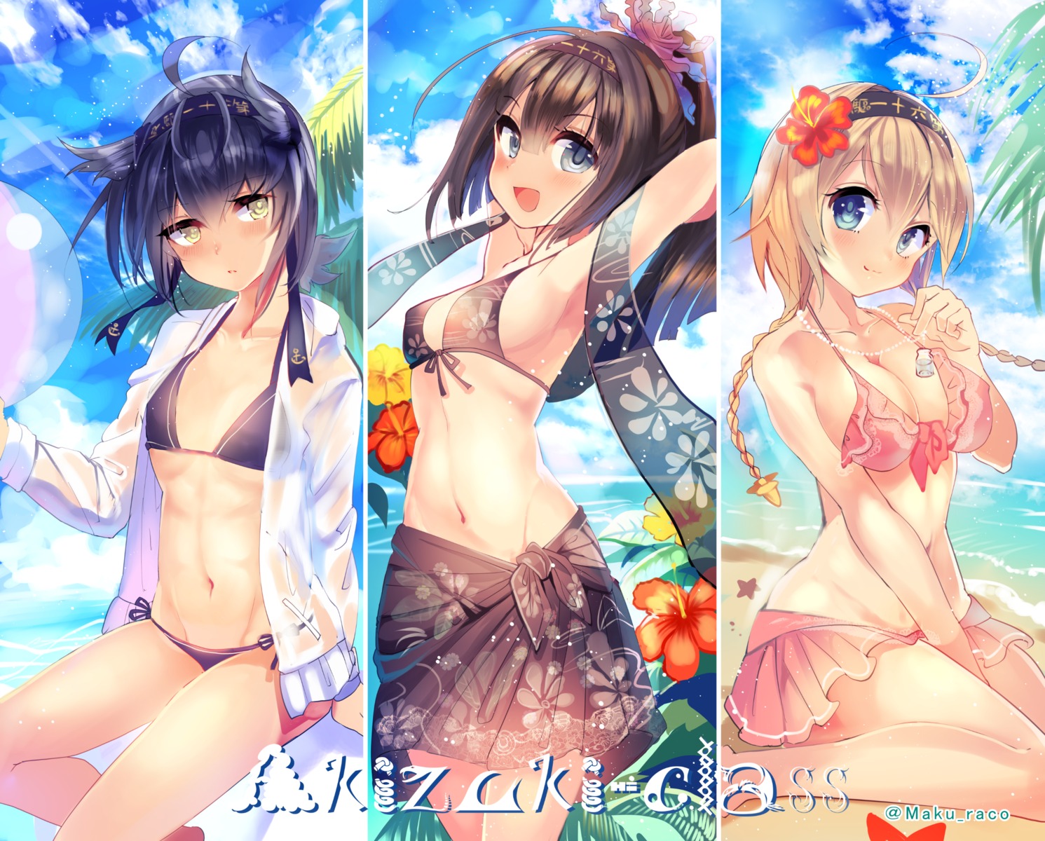 akizuki_(kancolle) bikini cis_(carcharias) cleavage erect_nipples hatsuzuki_(kancolle) kantai_collection open_shirt see_through swimsuits teruzuki_(kancolle) wet_clothes