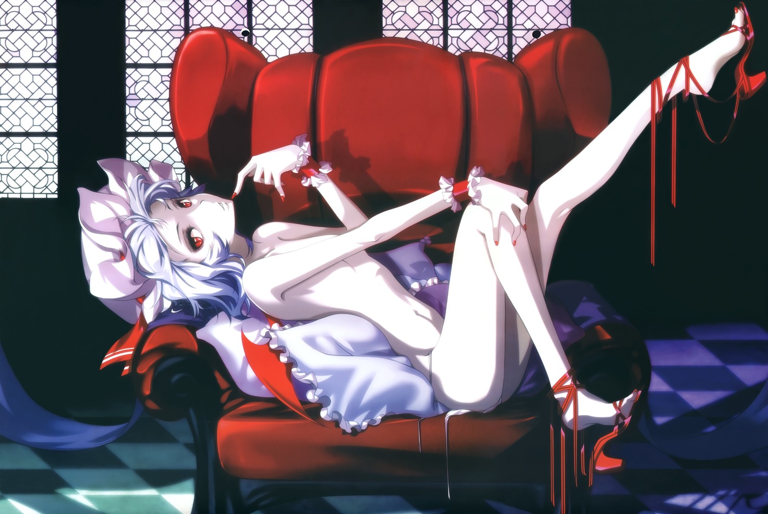 feet heels hong_(white_spider) loli pantsu panty_pull remilia_scarlet string_panties topless touhou wings