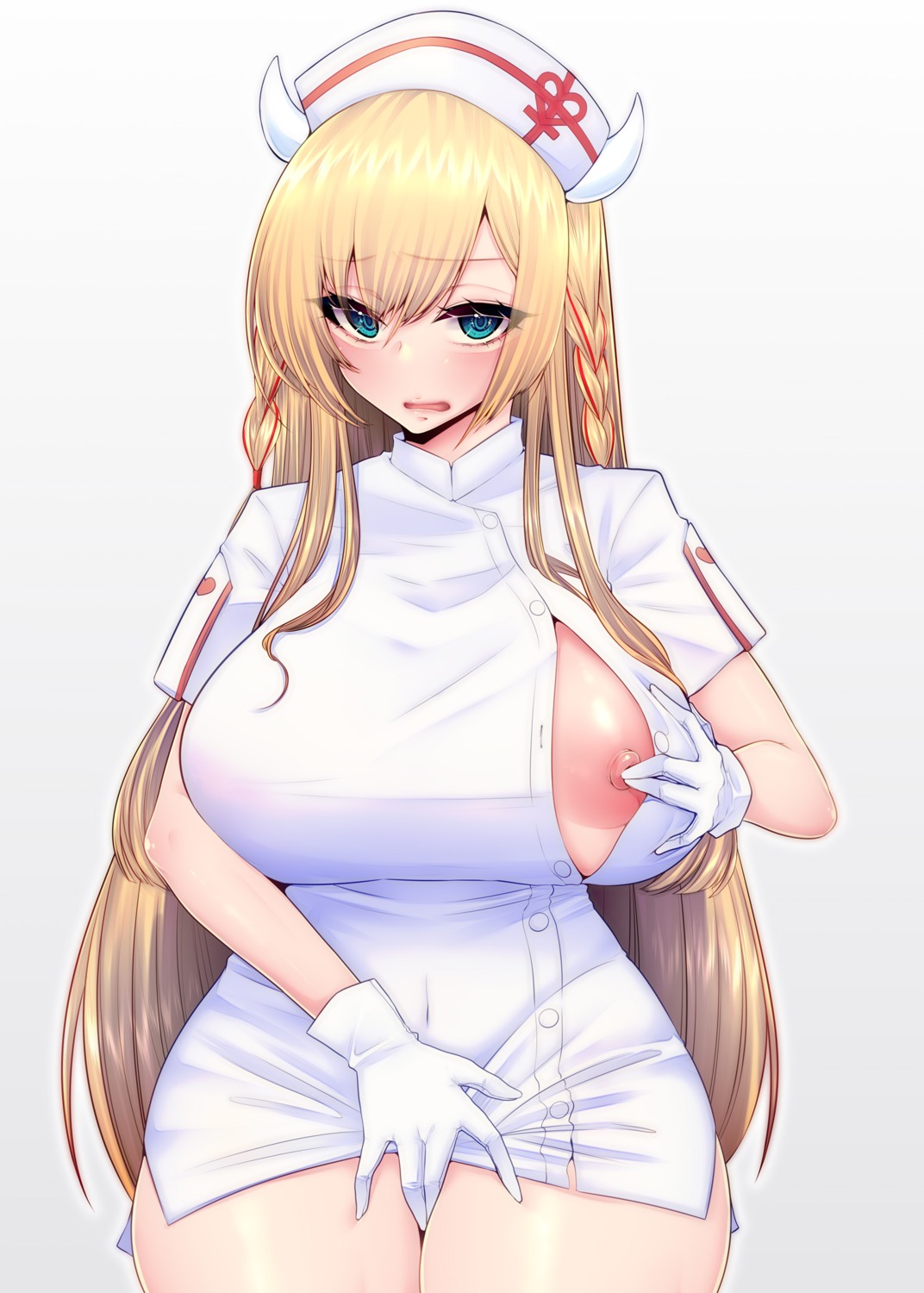 azur_lane breast_hold horns kira_kazuki kongou_(azur_lane) nipples no_bra nurse skirt_lift undressing