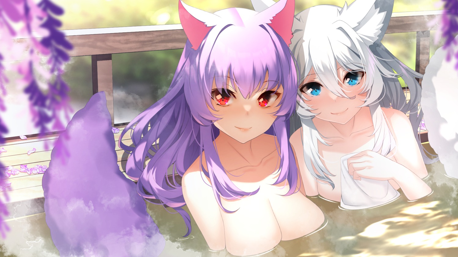 animal_ears bathing kitsune naked onsen tail towel wallpaper wet yuuji_(yukimimi)