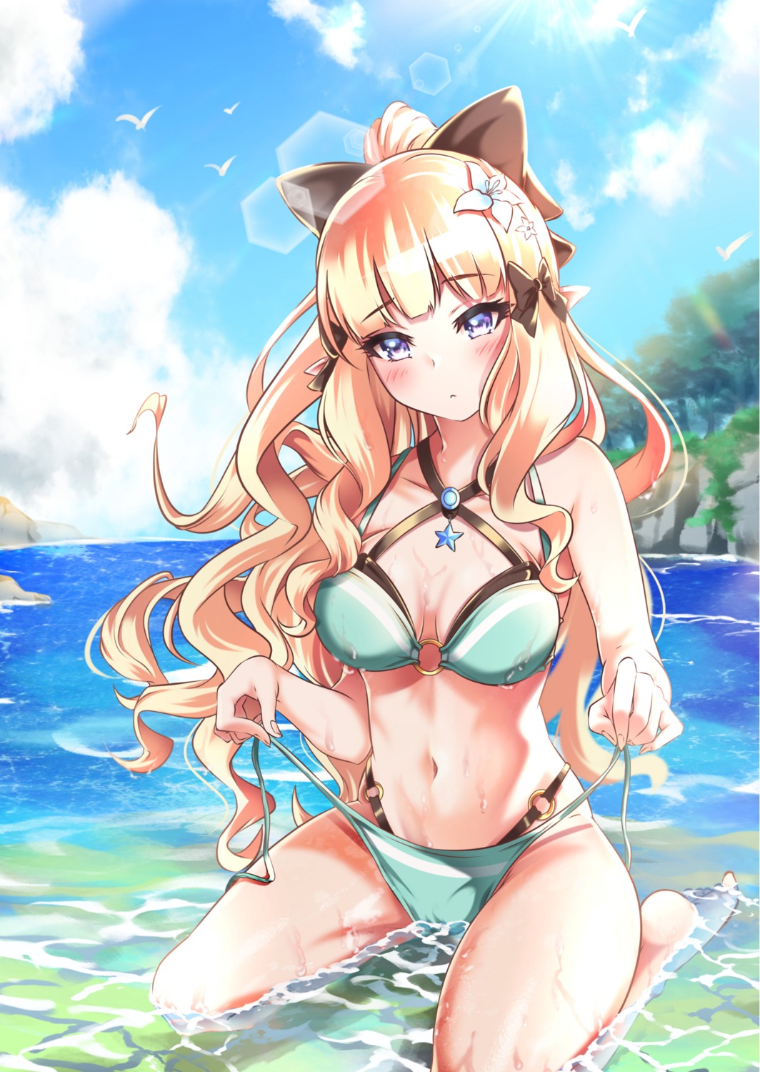 bikini cleavage hero_(10cl3) panty_pull princess_connect princess_connect!_re:dive sasaki_saren swimsuits undressing wet